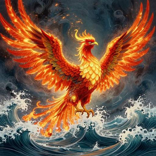 Digital illustration of a fiery, majestic phoenix with glowing orange and red feathers, standing on turbulent ocean waves against a stormy, swirling dark background.