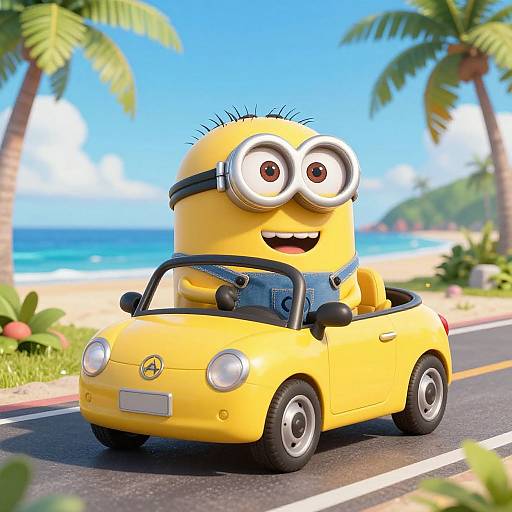 Minion Driving Convertible on Tropical Beach
