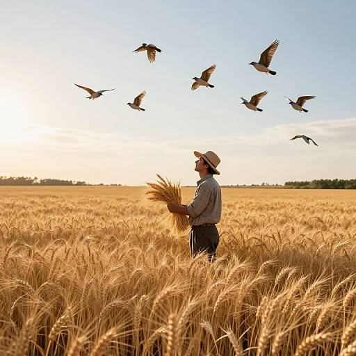 Photograph of a farmer in a straw hat, holding wheat, standing in a golden wheat field, with seven birds flying above.