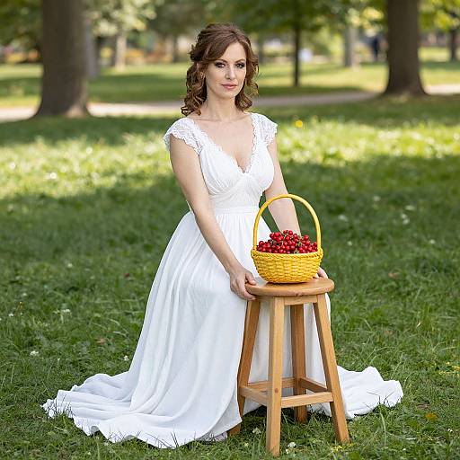 Photograph of a brunette woman in a white lace wedding dress, holding a wicker basket of red cherries on a wooden stool in a sunlit