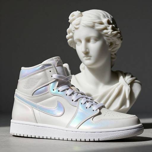 Photograph of a white high-top Nike sneaker with white laces, positioned in front of a classical white marble bust with wavy hair.