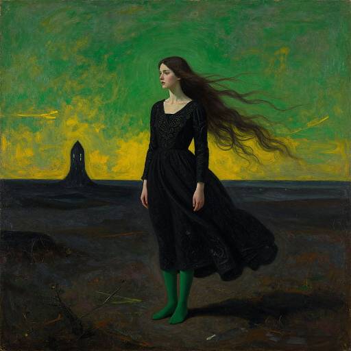 Oil painting of a pale woman with long, flowing black hair in a black dress and green boots, standing on a dark landscape with a green and yellow