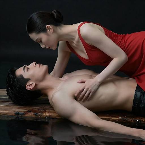 Crimson Dress on Dark Reflective Water