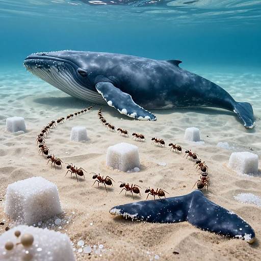 Photograph of a large whale shark swimming underwater, surrounded by a trail of ants marching on a sandy ocean floor with white coral-like formations.