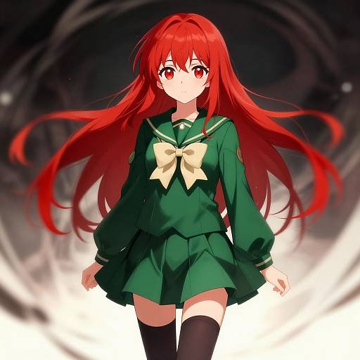 Anime-style digital illustration of a red-haired girl with long hair, wearing a green school uniform with a yellow bow, black thigh-high socks, and standing