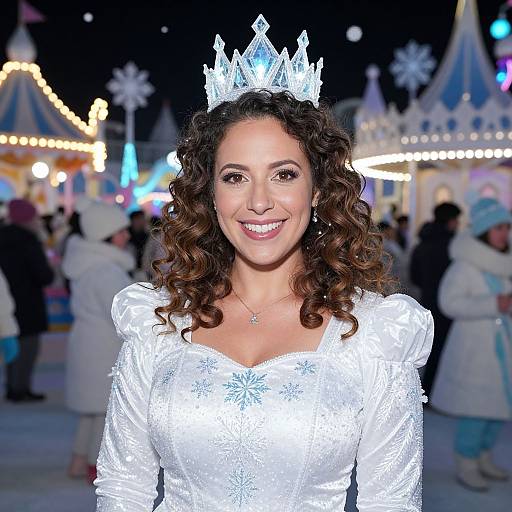 Photograph of a smiling woman with curly brown hair, wearing a silver tiara and white, lace-trimmed dress, in a snowy, illuminated