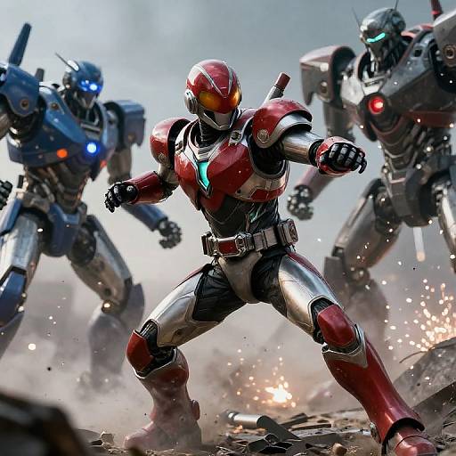 Photorealistic CGI of Iron Man in a dynamic battle pose, surrounded by three glowing, robotic enemies in a dusty, explosive battlefield.