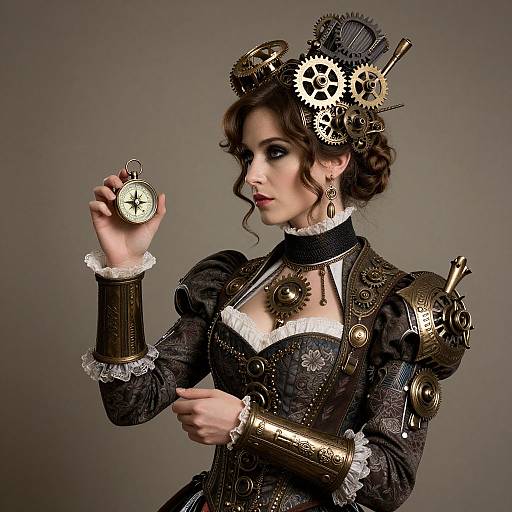 Steampunk woman with intricate clockwork headgear, holding pocket watch, wearing black lace corset with brass gears, against gray background. Photographic