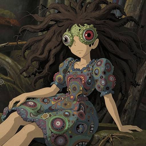 Digital anime-style drawing of a girl with wild black hair, green and red mechanical eye, wearing a colorful, circular-patterned dress, sitting in a