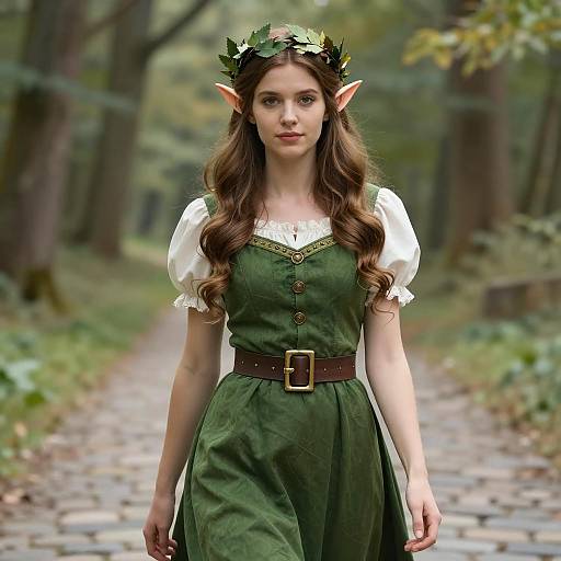 Elf Woman in Green Dress with Leaf Crown