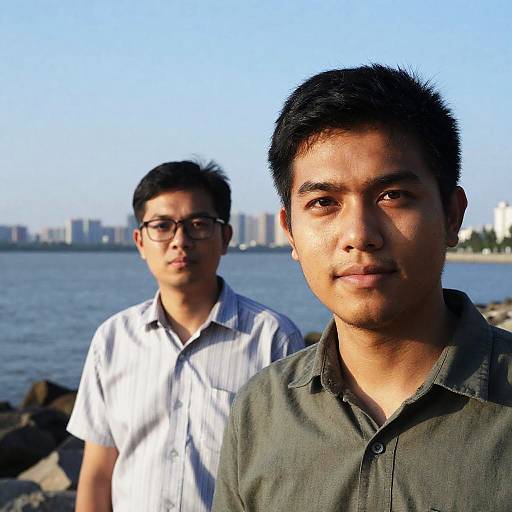 Two men by waterfront with city skyline