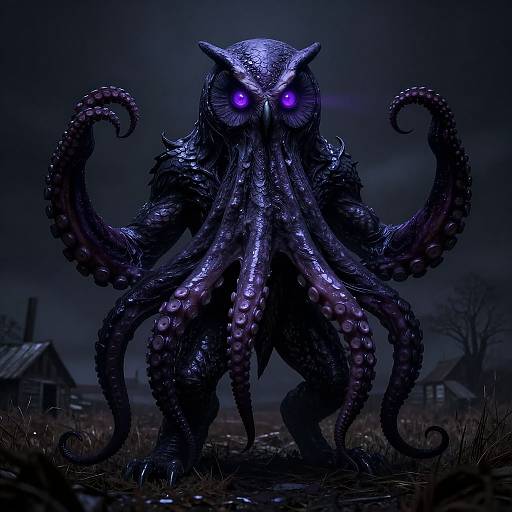 Digital artwork of a menacing, purple-eyed, octopus-human hybrid with dark, textured tentacles and an owl-like head, set in a stormy