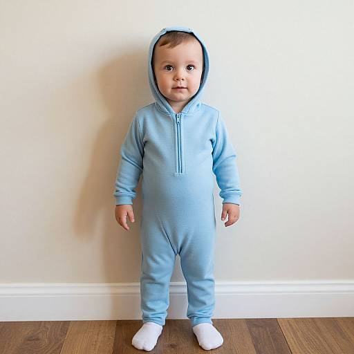 Photograph of a cute baby with light brown skin, wearing a light blue hooded onesie and white socks, standing against a plain white wall on