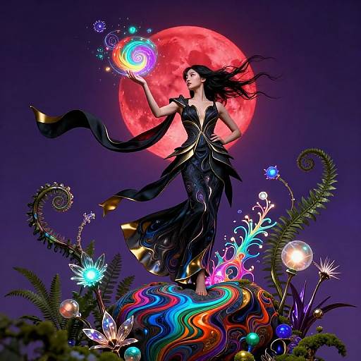 Magical woman with black flowing dress, glowing orb, and long hair stands on colorful swirls against a red full moon. Digital art.