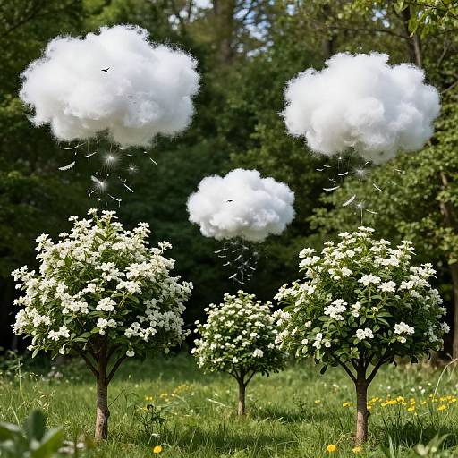 Photograph of three white, fluffy clouds hovering above white-flowered apple trees in a sunlit, green meadow with yellow wildflowers and a forest