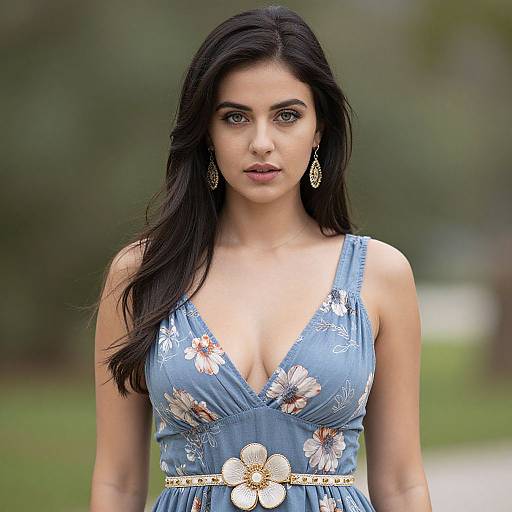 Photograph of a young woman with long dark hair, wearing a blue floral dress with a deep V-neck, gold earrings, and a floral belt,
