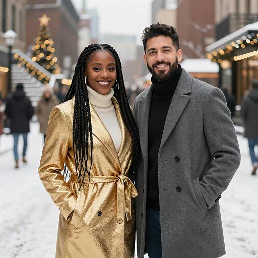 Smiling couple on festive snowy street