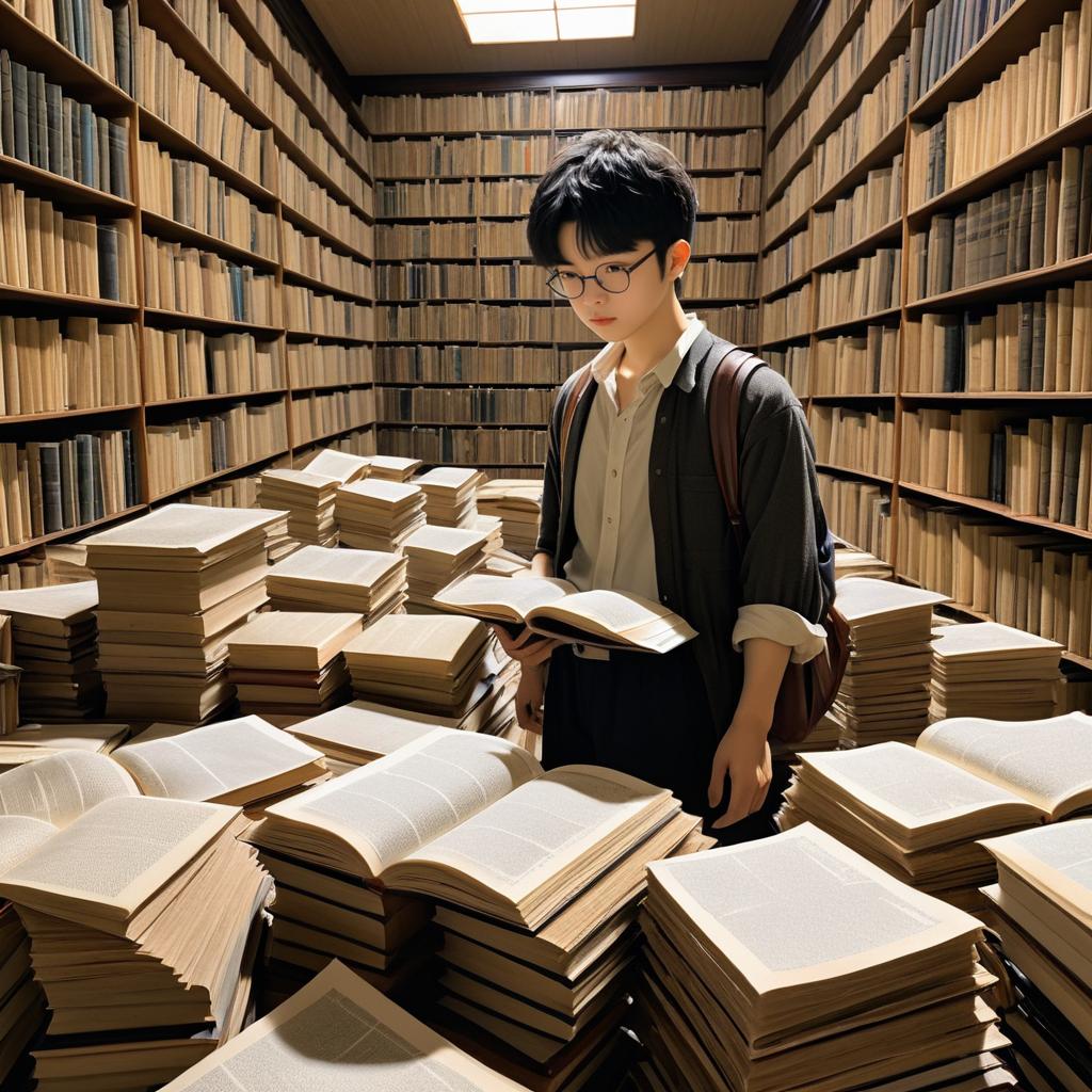 Determined Student in Ancient Library