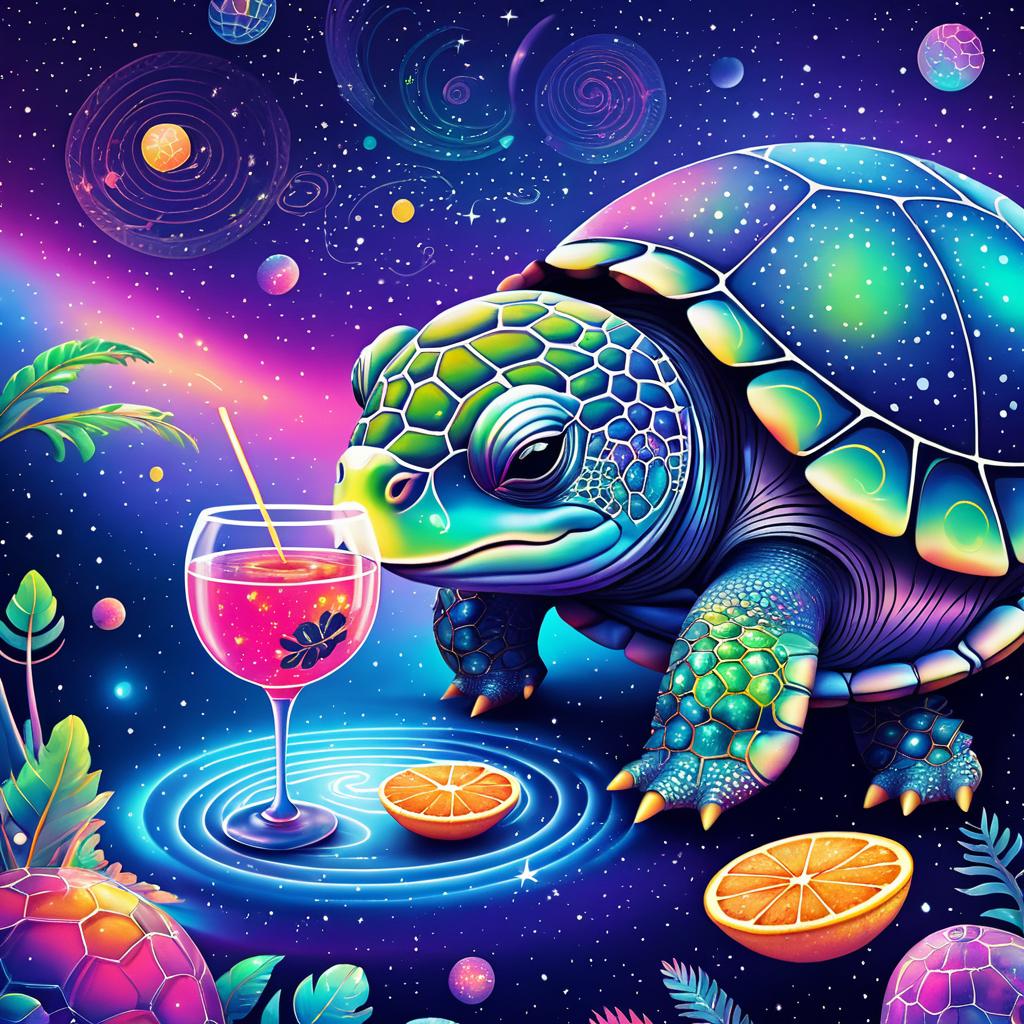 Whimsical Cosmic Turtle with Fruit Punch