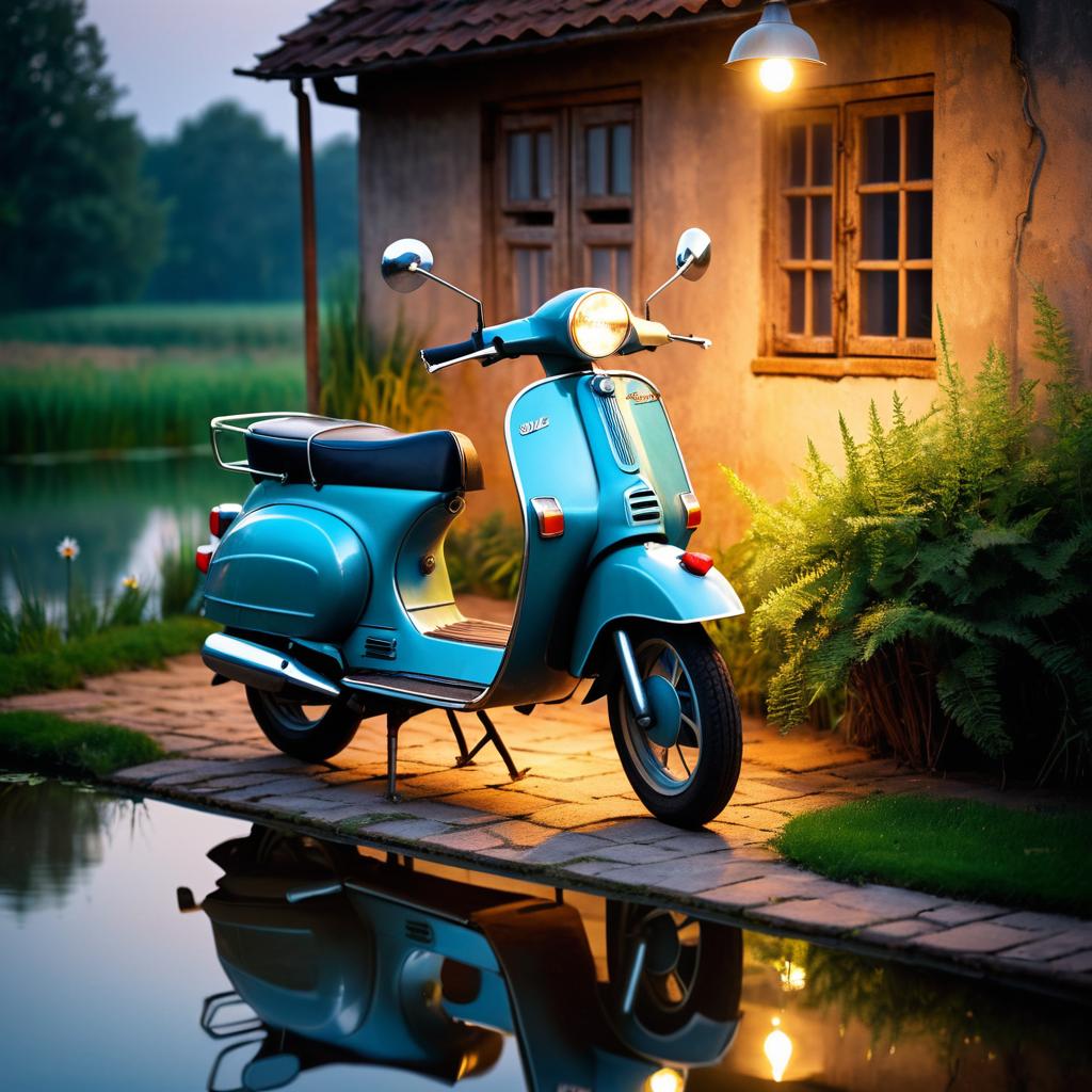 Nostalgic Moped by Rusty Pond at Dusk