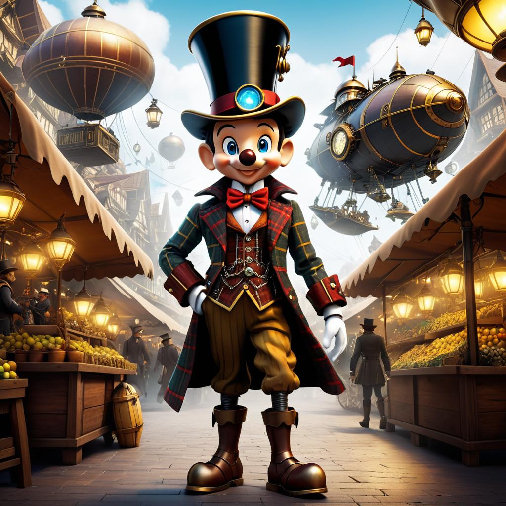 Steampunk Pinocchio in a Bustling Market