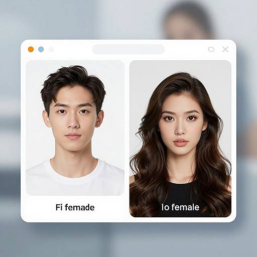 Photograph of a digital collage with two headshots: an Asian male with short black hair and a female with long brown hair, labeled 
