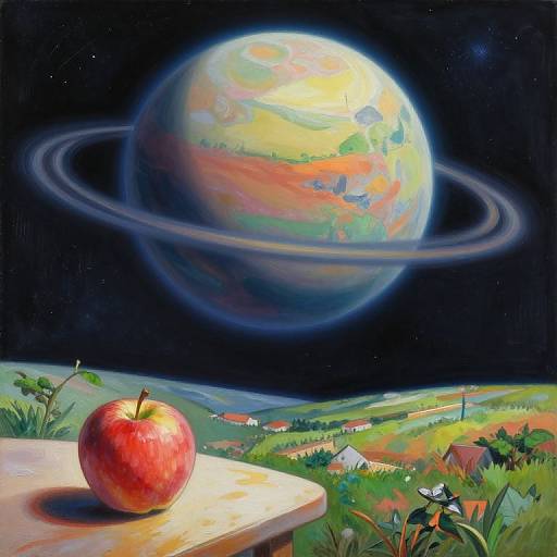 Photorealistic painting of a red apple on a wooden table with a colorful, ringed planet in a starry night sky above a green, rural