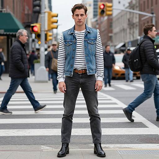 Photograph of a man with short brown hair, wearing a denim vest over a striped shirt, black pants, and boots, standing on a busy city