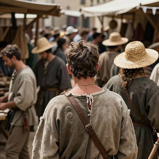 Photograph of a bustling medieval market with a person in a gray, worn tunic and brown strap, seen from behind, surrounded by others in similar