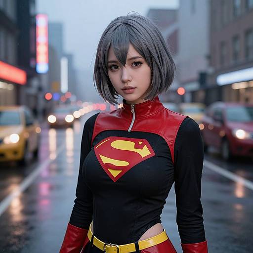 Photorealistic CGI of an Asian woman with short gray hair, wearing a Supergirl cosplay in a wet city street at dusk.