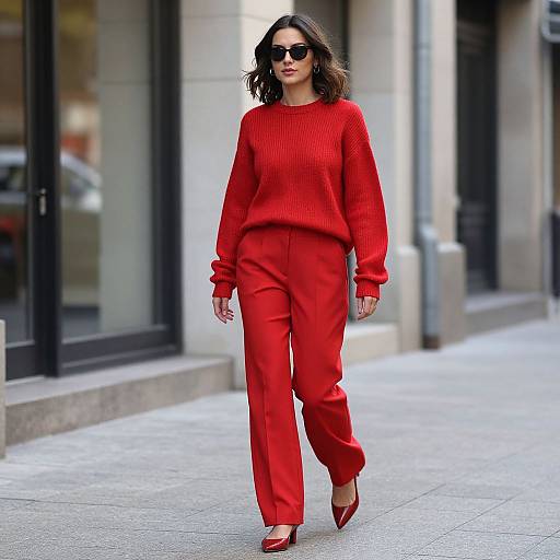 Photograph of a woman with wavy brown hair, wearing a red knit sweater and pants, red pointed shoes, and black sunglasses, walking on a