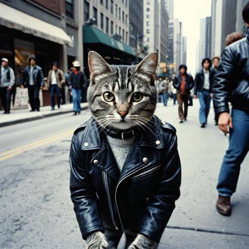 Tabby Cat in Leather Jacket on 1980s Chicago Street