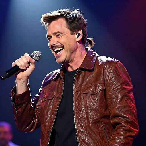 Photograph of a smiling male singer with short brown hair, wearing a brown leather jacket and black shirt, holding a microphone on stage under blue and red