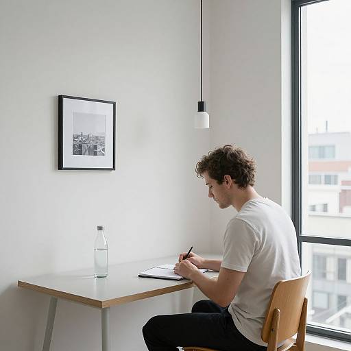 Photograph of a curly-haired man in a white t-shirt, writing on a notepad at a minimalist white desk by a window.