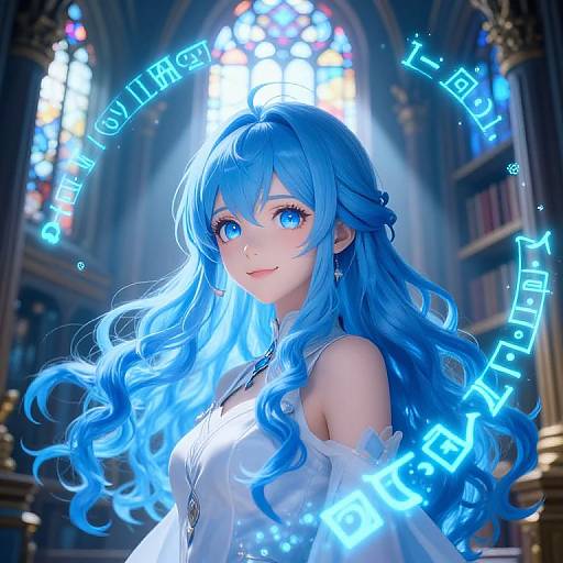 Digital anime-style artwork of a blue-haired girl with glowing blue eyes, wearing a white off-shoulder top, surrounded by blue magical text in a
