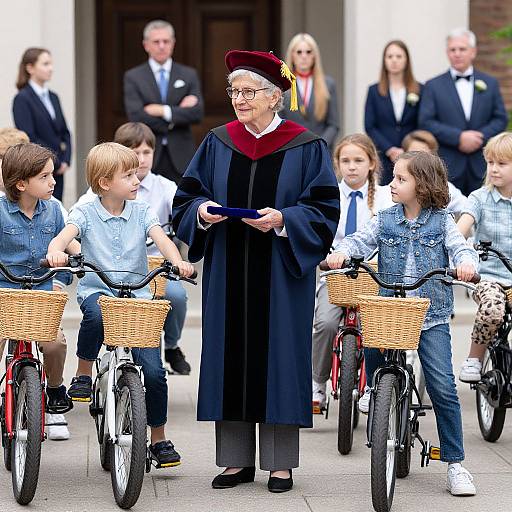 Photograph of elderly woman in black graduation gown and red cap, standing among children riding bicycles with wicker baskets, in front of a building with adults
