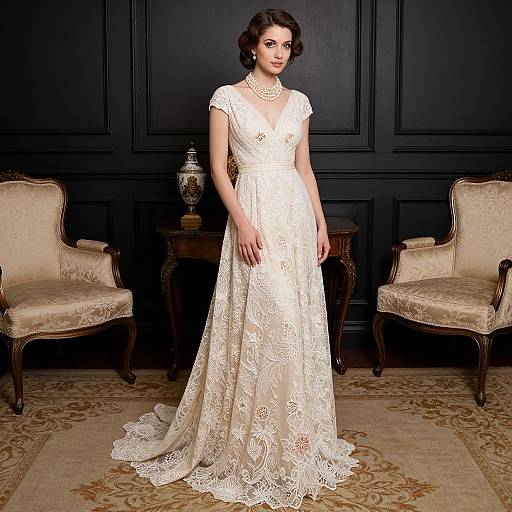 Photograph of a fair-skinned woman with dark wavy hair in a white lace wedding gown, standing between two beige vintage chairs, against a black