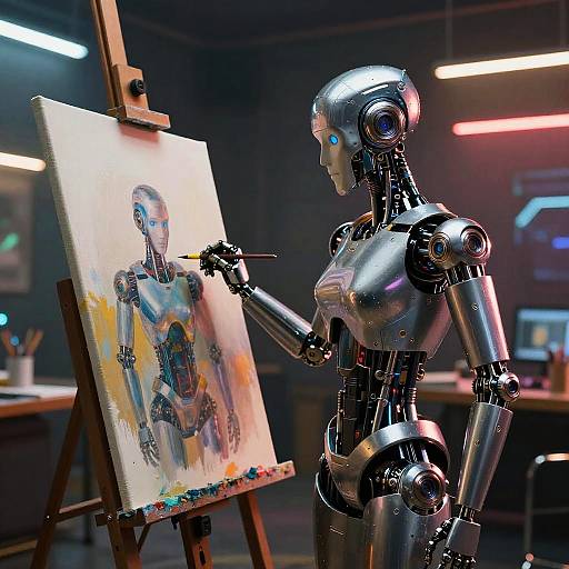 Photorealistic CGI of a silver robotic artist painting a portrait of itself on a canvas in a modern, dimly-lit studio.
