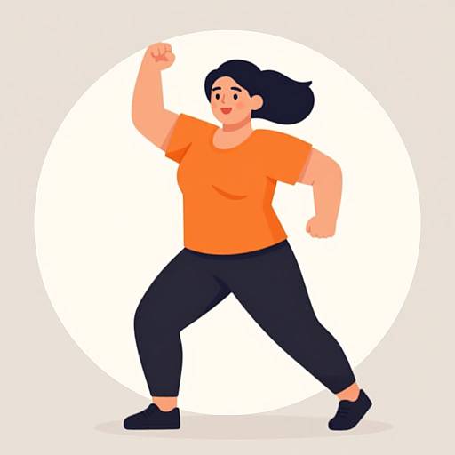 Digital illustration of a plus-sized woman with black hair in an orange shirt and black pants, striking a confident pose with a raised fist. White circular background