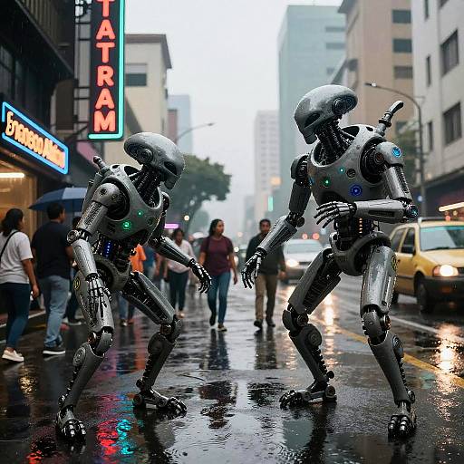 Photograph of two futuristic, metallic humanoid robots with sleek, shiny bodies and glowing blue lights, dancing on a wet, urban street at night, surrounded