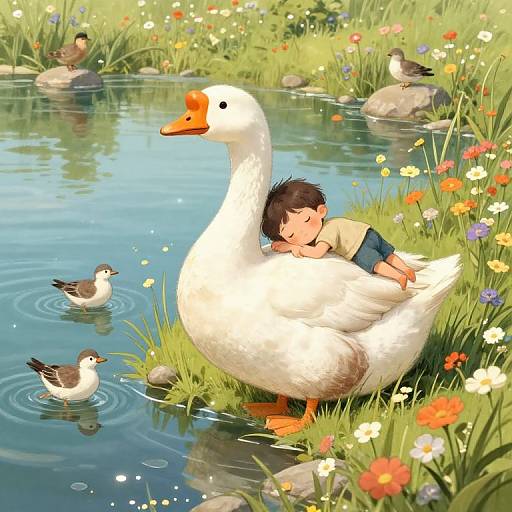 Digital illustration of a sleeping child on a white duck's back by a vibrant flower-filled pond, with two ducks swimming nearby.
