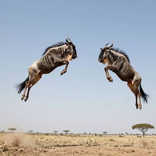 Photograph of two black wildebeests mid-air, leaping towards each other against a clear blue sky, over a dry, grassy sav
