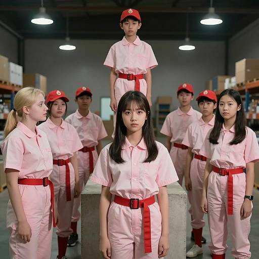 Youthful Team in a Dim Warehouse Setting