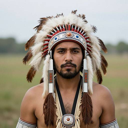 Photograph of a serious, bearded Native American man with dark skin wearing a traditional feathered headdress and beaded necklace against a blurred grassy