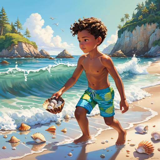 Boy Collecting Seashells at Beach Cove