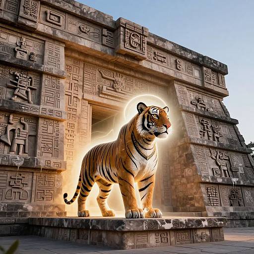Photograph of a realistic, glowing tiger statue standing in front of an ancient, intricately carved stone temple with geometric and symbolic engravings under a