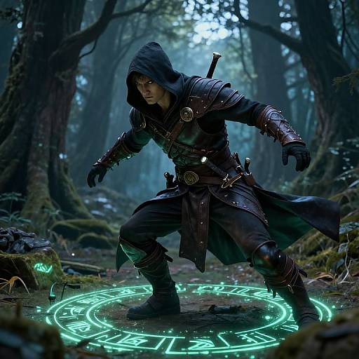 Dark-robed, hooded warrior with armored gloves and sword crouches in a misty forest, casting a glowing green magical circle spell on the