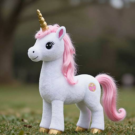 Photograph of a white, plush unicorn toy with pink mane and tail, gold horn and hooves, and a pink apple cutie mark, standing