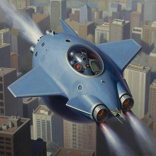 Photorealistic digital art of a futuristic, blue, jet-powered flying car with two engines, soaring above a bustling cityscape of tall buildings.
