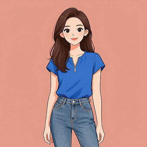 Digital anime-style drawing of a smiling woman with long brown hair, wearing a blue short-sleeved top and blue jeans, against a pink background.